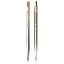 Picture of Parker Classic Stainless Steel Gold Trim Ballpen and Pencil Set Made In USA